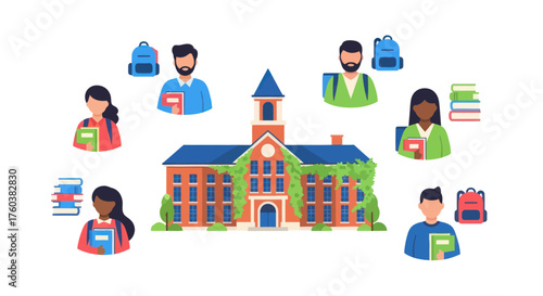 University Building with Students and Backpacks Illustration.