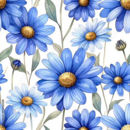 Fototapeta Naklejka Na Ścianę i Meble -  Watercolor seamless pattern with vibrant blue daisies and delicate foliage
