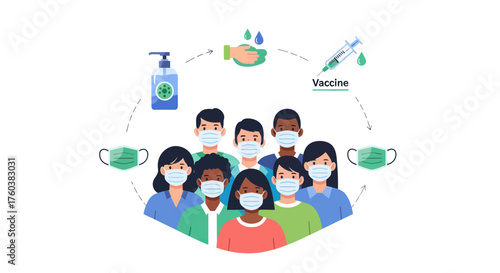 Diverse group of people wearing face masks with icons for vaccination hand washing and sanitizer for pandemic prevention.
