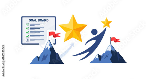 Achieving Goals: Illustrated Success with Mountains Stars and Goal Board.