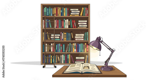 A cozy study scene with a bookshelf desk and a lamp illuminating an open book.