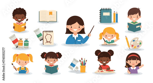 A collection of cute cartoon icons featuring a teacher and diverse students learning reading and painting for school.