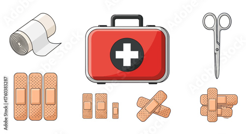 First Aid Kit with Bandages Scissors and Medical Supplies for Emergency Treatment.