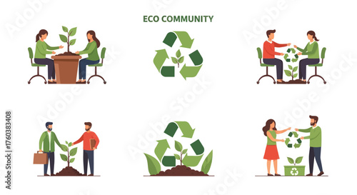 Eco-Friendly Community Members Collaborating Around Growing Plants.