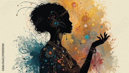 Abstract African woman silhouette with tribal jewelry, gradient colors, elegant line art, decorative fashion concept Ai Generate 