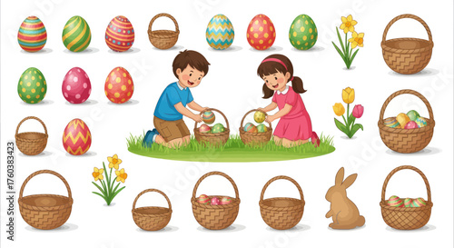 Children hunting colorful Easter eggs with baskets a bunny and spring flowers.