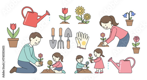 Cute Cartoon Family Gardening Planting Flowers and Garden Tools Set Illustration.