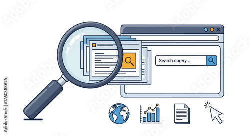 Magnifying Glass Examining Web Browser Search Results.