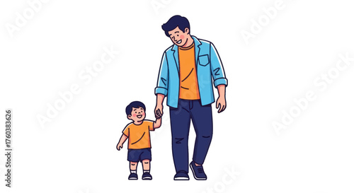 Father and Son Walking Hand-in-Hand Smiling Together.