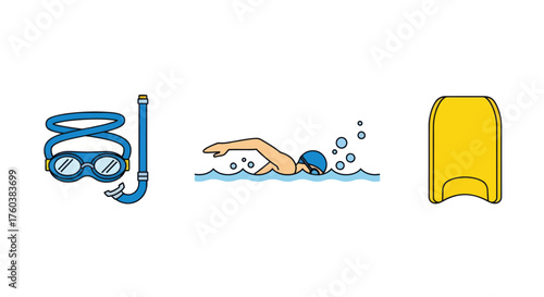 Swimming Equipment Set: Goggles Snorkel Swimmer and Kickboard.