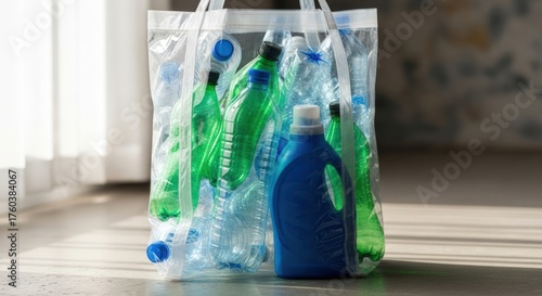Transparent bag overflowing with colorful plastic bottles, ready for recycling initiative