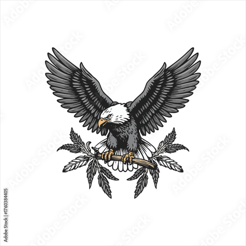 Majestic Bald Eagle Vector Illustration,Flying Eagle Vintage Tattoo Style Artwork,Powerful Eagle with Wings Spread Vector Design,American Bald Eagle Symbol Vector Art,Detailed Eagle.