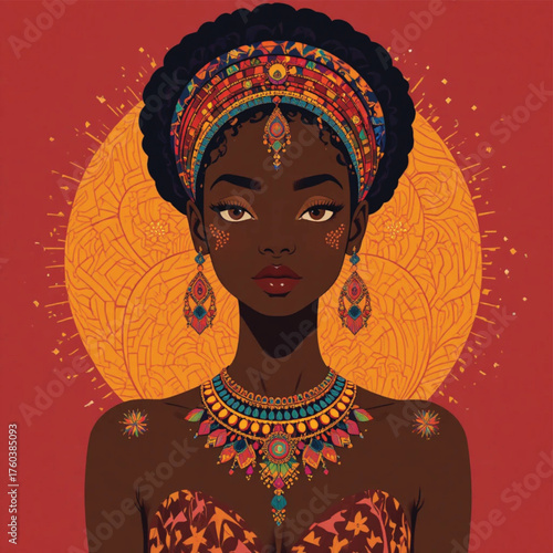 Elegant African woman wearing traditional jewelry, cute expression, colorful flat vector design Ai Generate 