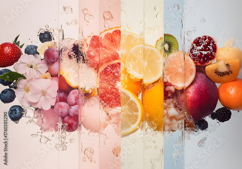 collage of varieties of fruit essences such as colors, shapes, or texture with mood and tone
