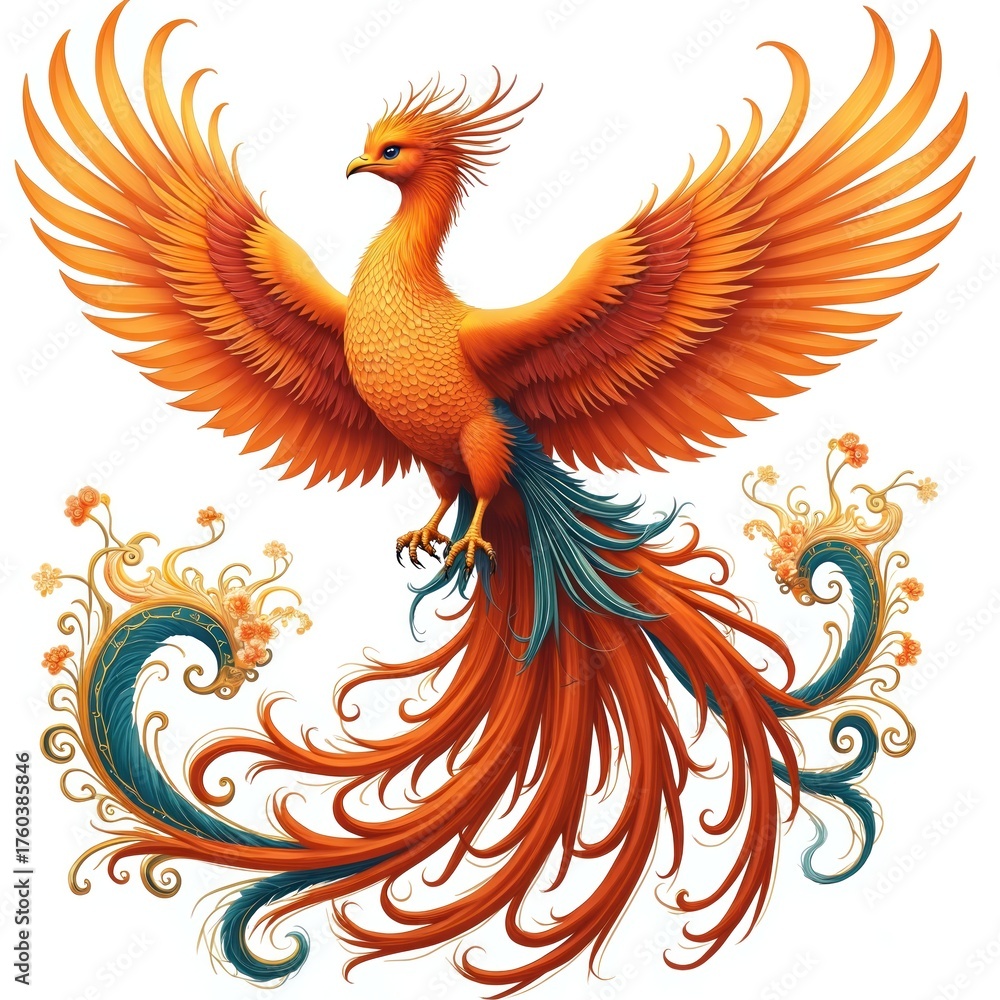 Obraz premium Fiery phoenix illustration on white. Bird with orange wings and blue tail. Mythical creature art for t-shirt, logo, banner, poster design. Decoration element for traditional asian festivals or tattoo.