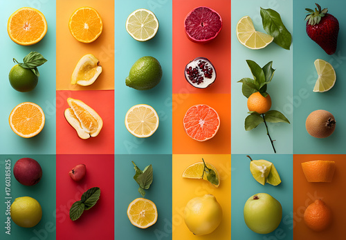 collage of varieties of fruit essences such as colors, shapes, or texture with mood and tone