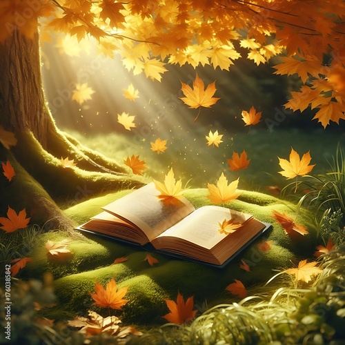 open book with autumn leaves generative ai