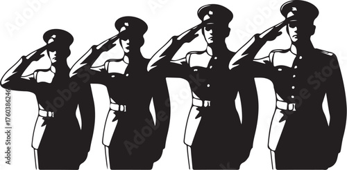Four uniformed soldiers salute in unison, loyalty, respect