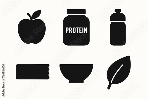 Fitness nutrition icons: protein, apple, water bottle, snack bar, bowl, leaf silhouettes