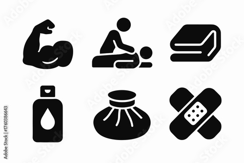 Fitness and wellness icons: muscle, massage, book, lotion, compress, bandage