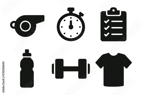 Fitness icons: whistle, stopwatch, checklist, water bottle, dumbbell, t-shirt