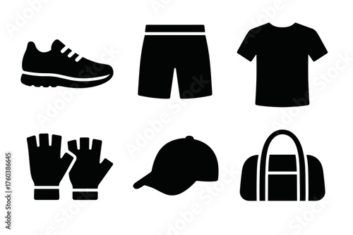 Silhouette icons of sports accessories: shoe, shorts, shirt, gloves, cap, bag