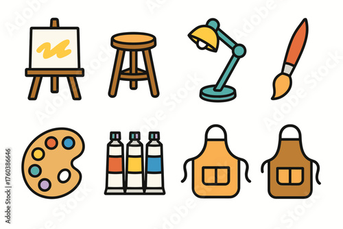 Colorful art tools and equipment icons including easel, stool, lamp, paintbrush, palette, paint tubes, apron
