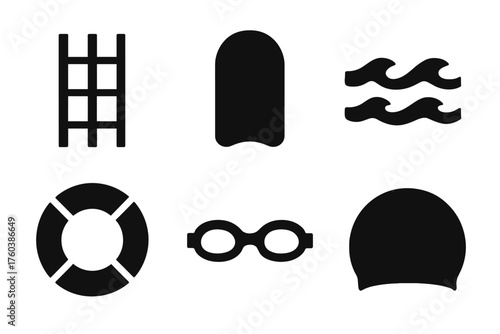 Set of swimming icons: ladder, kickboard, waves, lifebuoy, goggles, swim cap