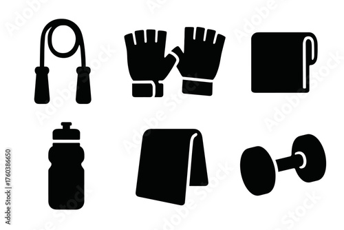 Fitness equipment icons: jump rope, gloves, towel, bottle, mat, dumbbell