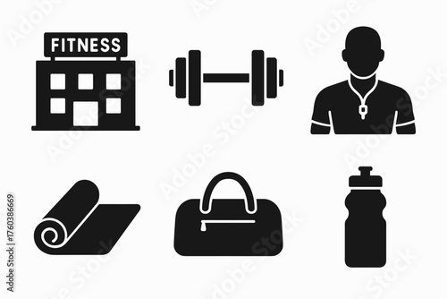 Fitness icons: gym, dumbbell, male figure, yoga mat, bag, bottle