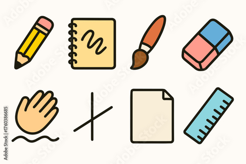 Art and craft tools: pencil, notebook, brush, eraser, hand, paper, ruler icons