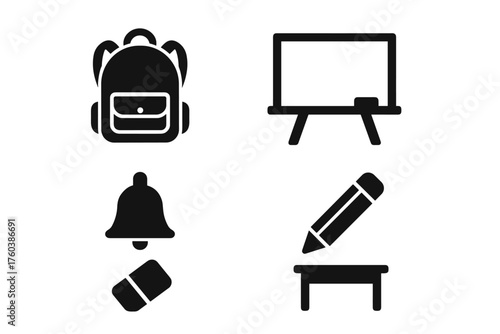 School icons: backpack, chalkboard, bell, eraser, pencil, desk – educational symbols
