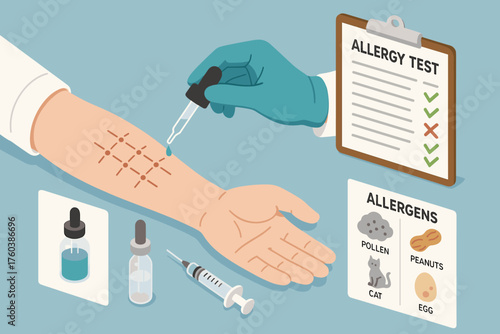 Allergy test process with dropper, arm, and allergens list