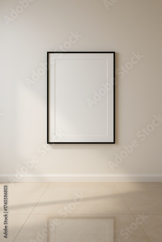 Minimal vertical poster frame on neutral wall with soft daylight and floor reflection, ideal mockup for modern interior design presentation.

