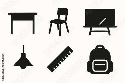 Education icon set: desk, chair, blackboard, lamp, ruler, backpack silhouettes