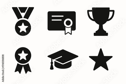 Achievement icons: medal, certificate, trophy, ribbon, graduation cap, star