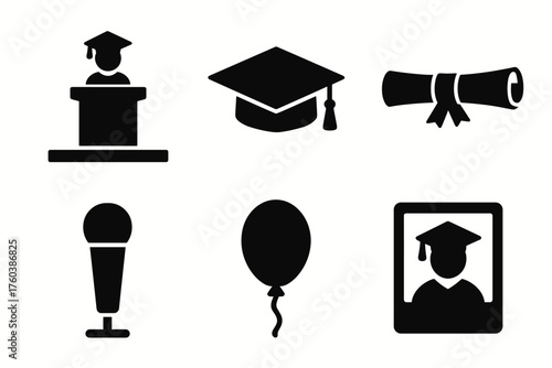 Graduation icon set: cap, diploma, podium, microphone, balloon, portrait