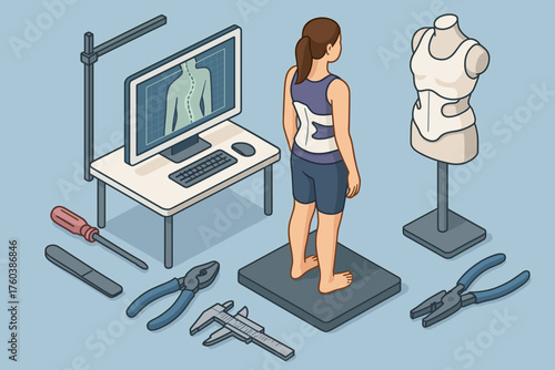 Young caucasian woman experiencing 3d body scanning for tailored fashion design