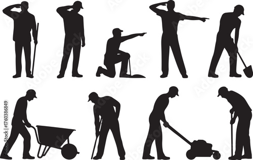 Workers performing various outdoor tasks with tools