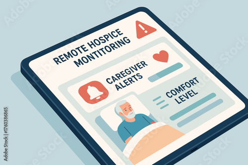 Illustration of elderly male in remote hospice monitoring setting on tablet