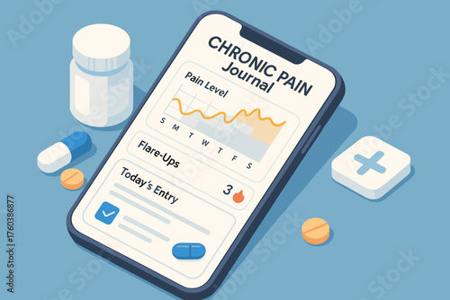 Chronic pain management app displayed on smartphone with medication and medical icons