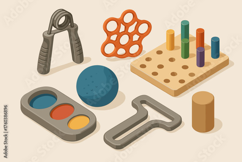 Collection of colorful sensory toys for hand strengthening and coordination