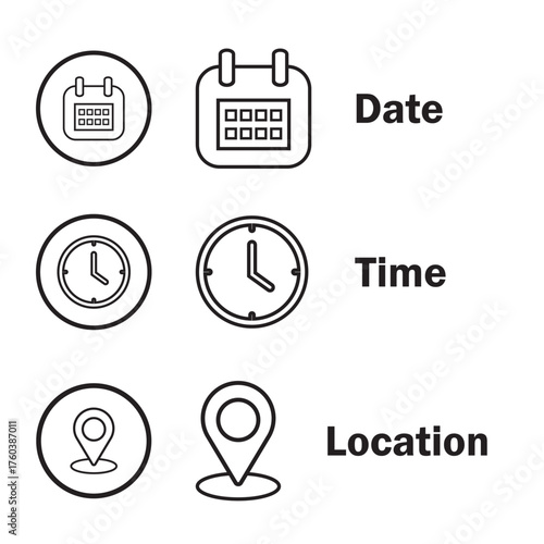 Date, time and location icon set in flat style. Stopwatch timer, Date Calendar, address icon isolated on white background. Information sign business concept. Black line web icons. vector illustration.