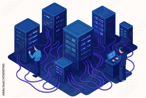 Two young asian males managing data center with server racks and cables