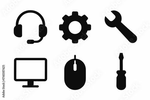 Technology and tools icons: headset, gear, wrench, monitor, mouse, screwdriver
