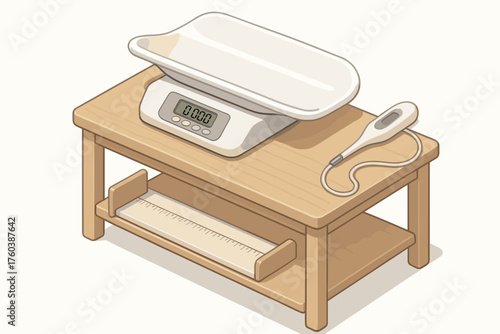 Digital baby scale on wooden table with thermometer and measuring tape