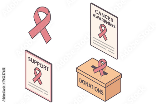 Breast cancer awareness: pink ribbon, support posters, and donation box icons
