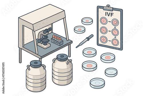 Ivf laboratory process with equipment and petri dishes illustration