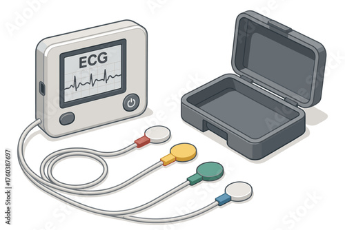 Portable ecg machine with open case and electrodes