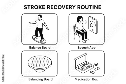 Stroke recovery routine with balance and speech tools